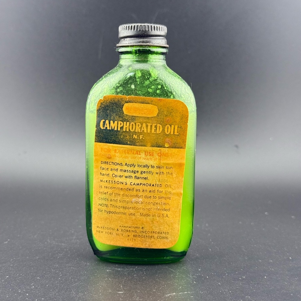Vintage, Emerald Green Bottle McKesson Camphorated Oil Original Label